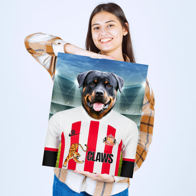 lack Cat Elegance: Custom Pet Portraits in Sunderland AFC Inspired Kit - Embrace Your Pet's Purr-fect Style!