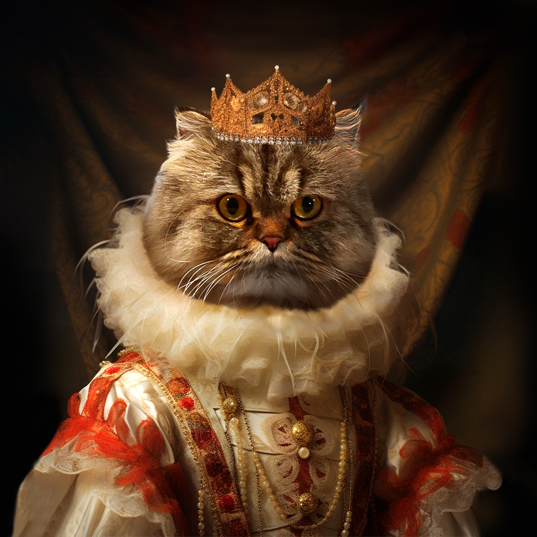 Renaissance Royalty: Custom Queen Pet Portrait - Majestic Elegance Fit for Furry Monarchs