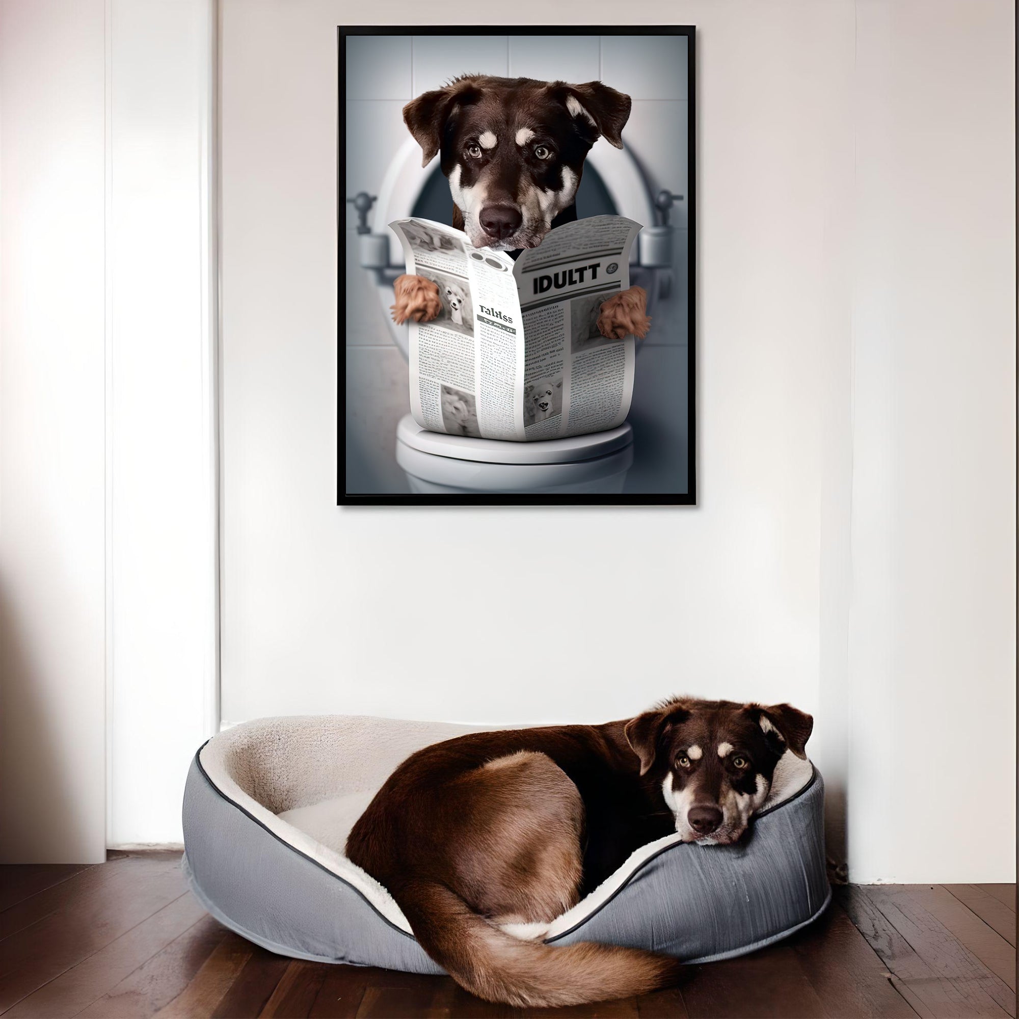 Lavatory Leisure: Custom Pet Print in a Moment of Repose