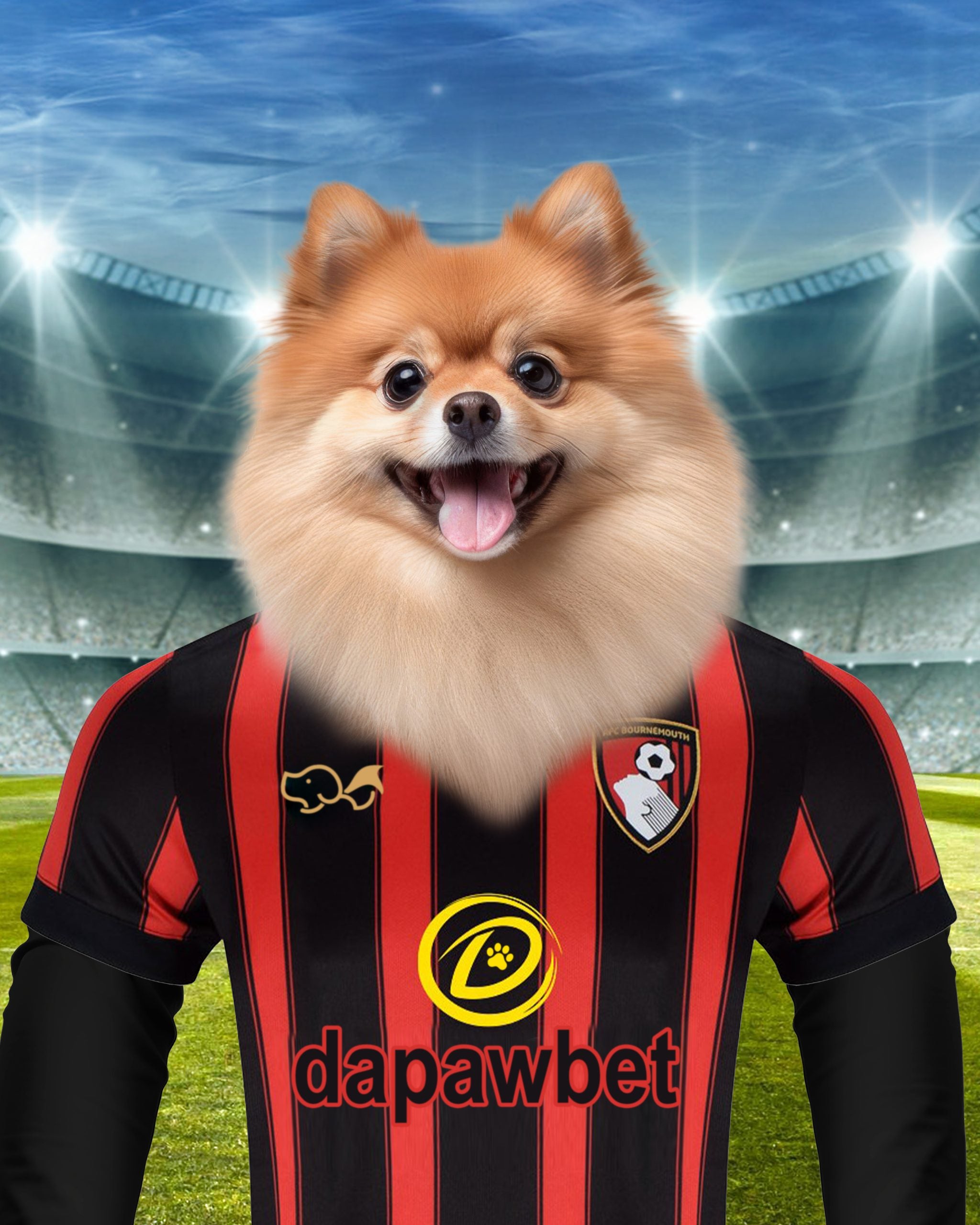 Cherries Charm: Custom Pet Portraits in AFC Bournemouth Inspired Kit - Elevate Your Pet's Style!