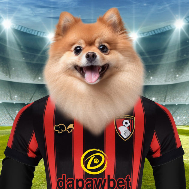 Cherries Charm: Custom Pet Portraits in AFC Bournemouth Inspired Kit - Elevate Your Pet's Style!