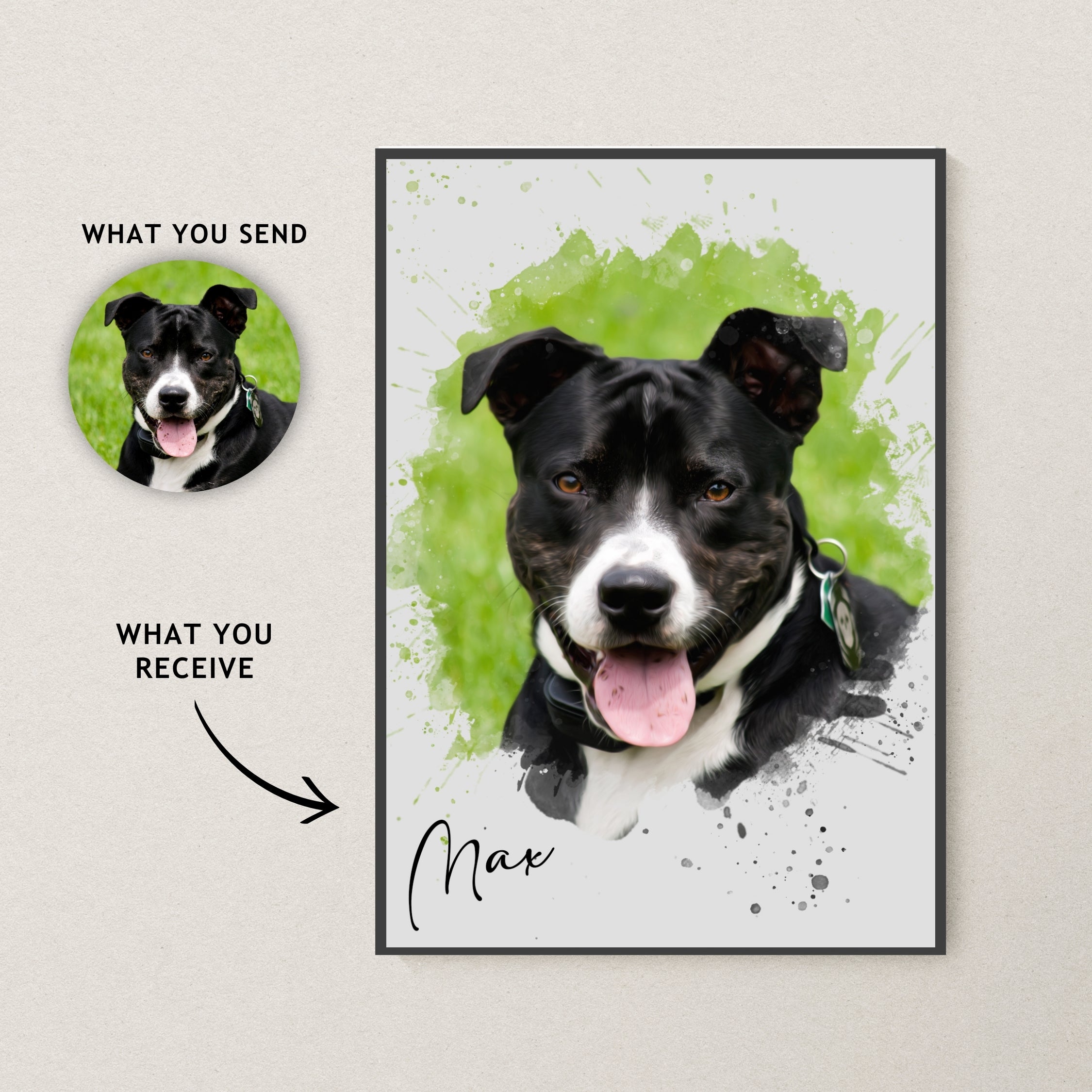 Watercolour Art : Personalised Pet + Owner Portrait - Artistry Unleashed with Your Furry Friend's Name!
