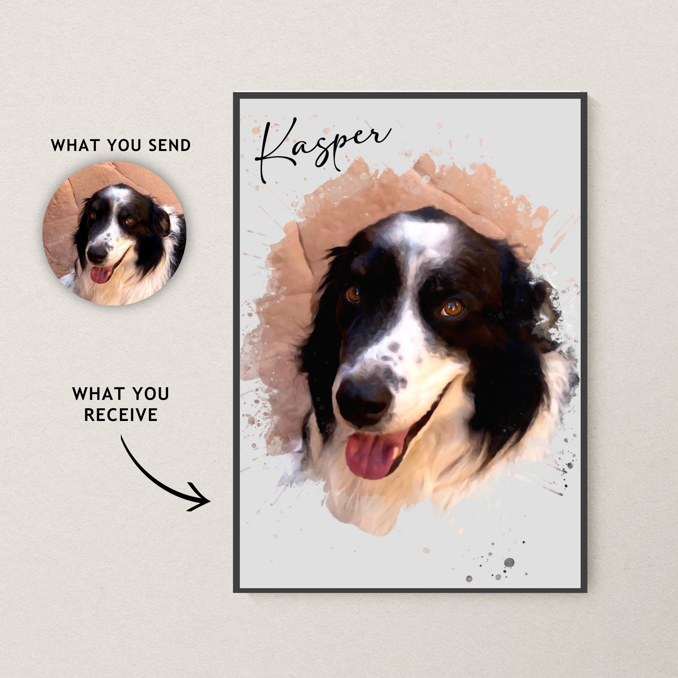 Watercolour Art : Personalised Pet + Owner Portrait - Artistry Unleashed with Your Furry Friend's Name!