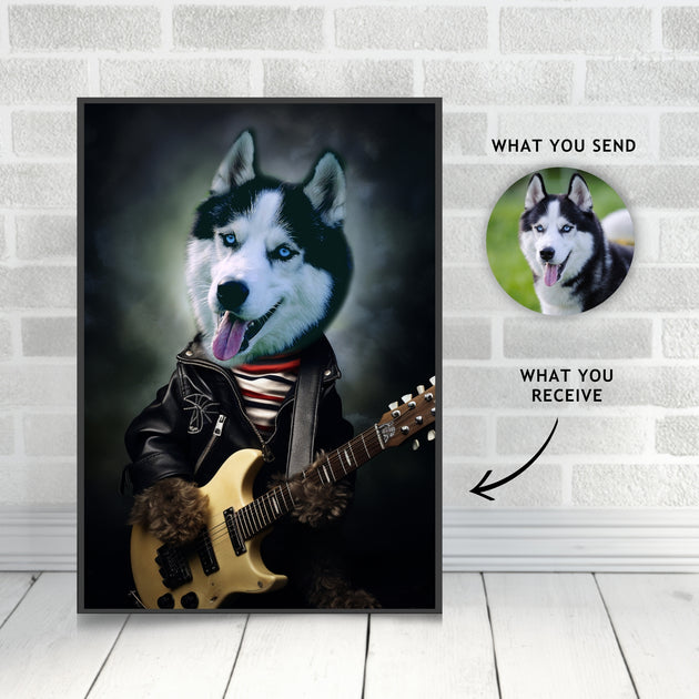 String Serenade: Custom Rock Band Guitarist Pet Portrait - Unleash the Furry Fretboard Phenom!