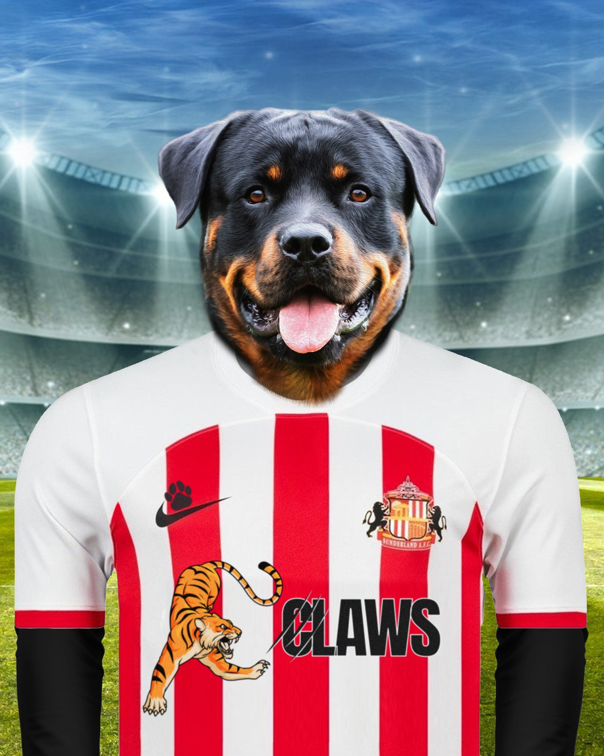lack Cat Elegance: Custom Pet Portraits in Sunderland AFC Inspired Kit - Embrace Your Pet's Purr-fect Style!