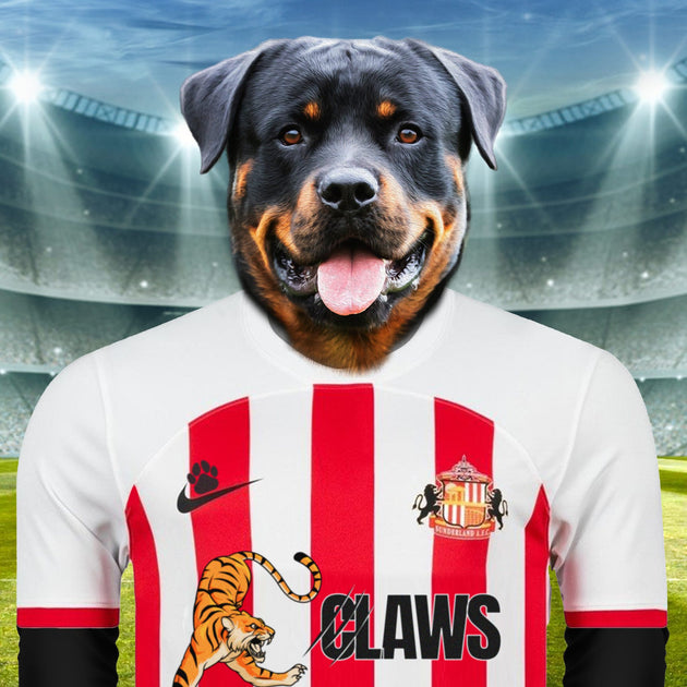 lack Cat Elegance: Custom Pet Portraits in Sunderland AFC Inspired Kit - Embrace Your Pet's Purr-fect Style!