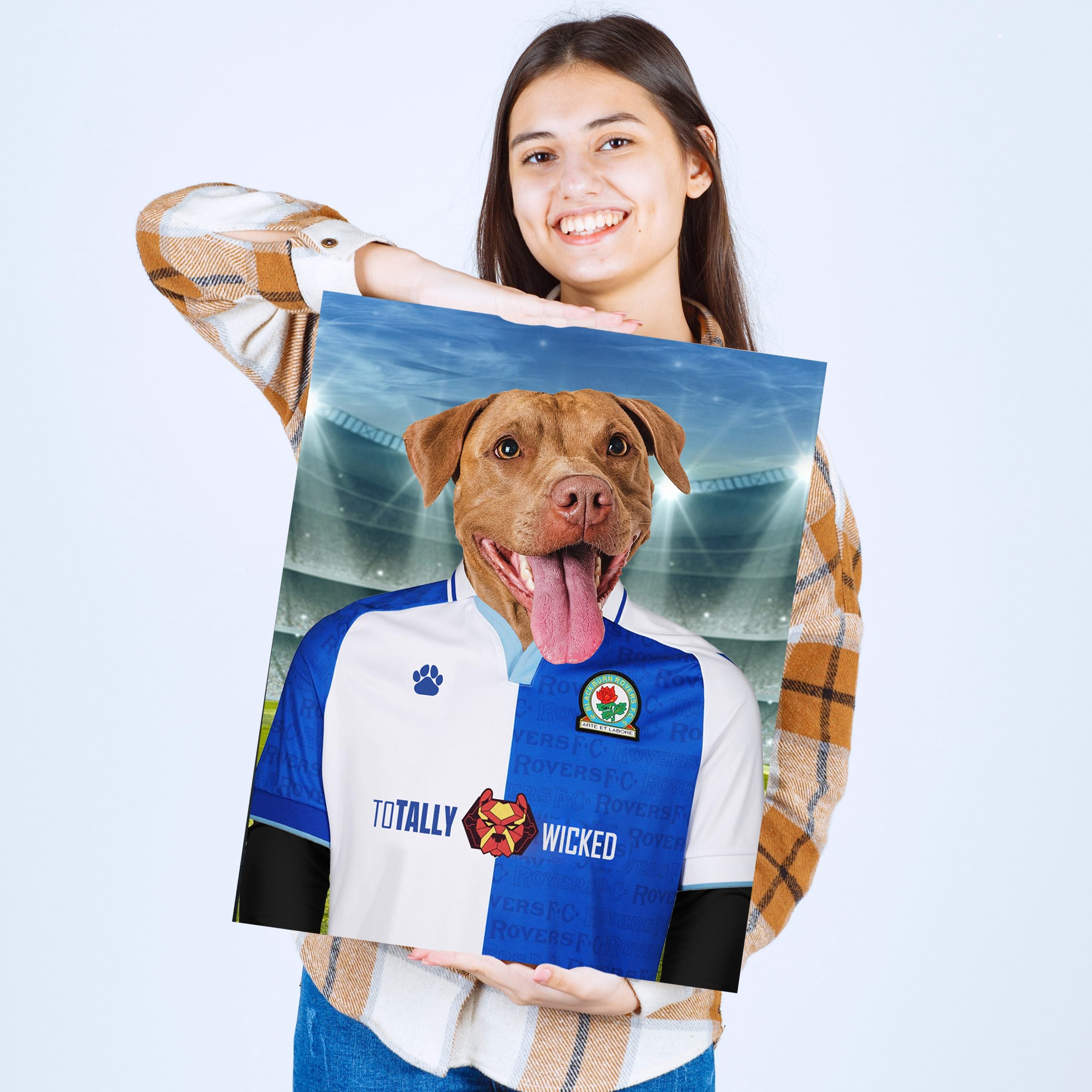 Rovers Radiance: Custom Pet Portraits in Blackburn Rovers Inspired Kit - Illuminate Your Pet's Love for the Game!
