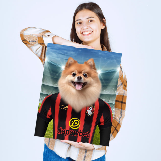 Cherries Charm: Custom Pet Portraits in AFC Bournemouth Inspired Kit - Elevate Your Pet's Style!