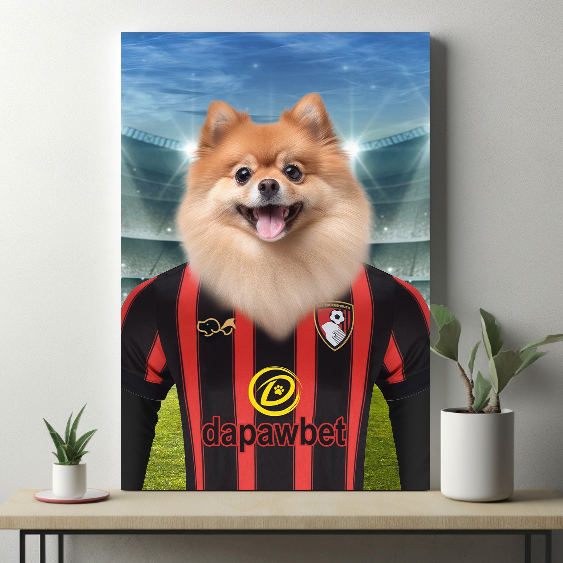 Cherries Charm: Custom Pet Portraits in AFC Bournemouth Inspired Kit - Elevate Your Pet's Style!