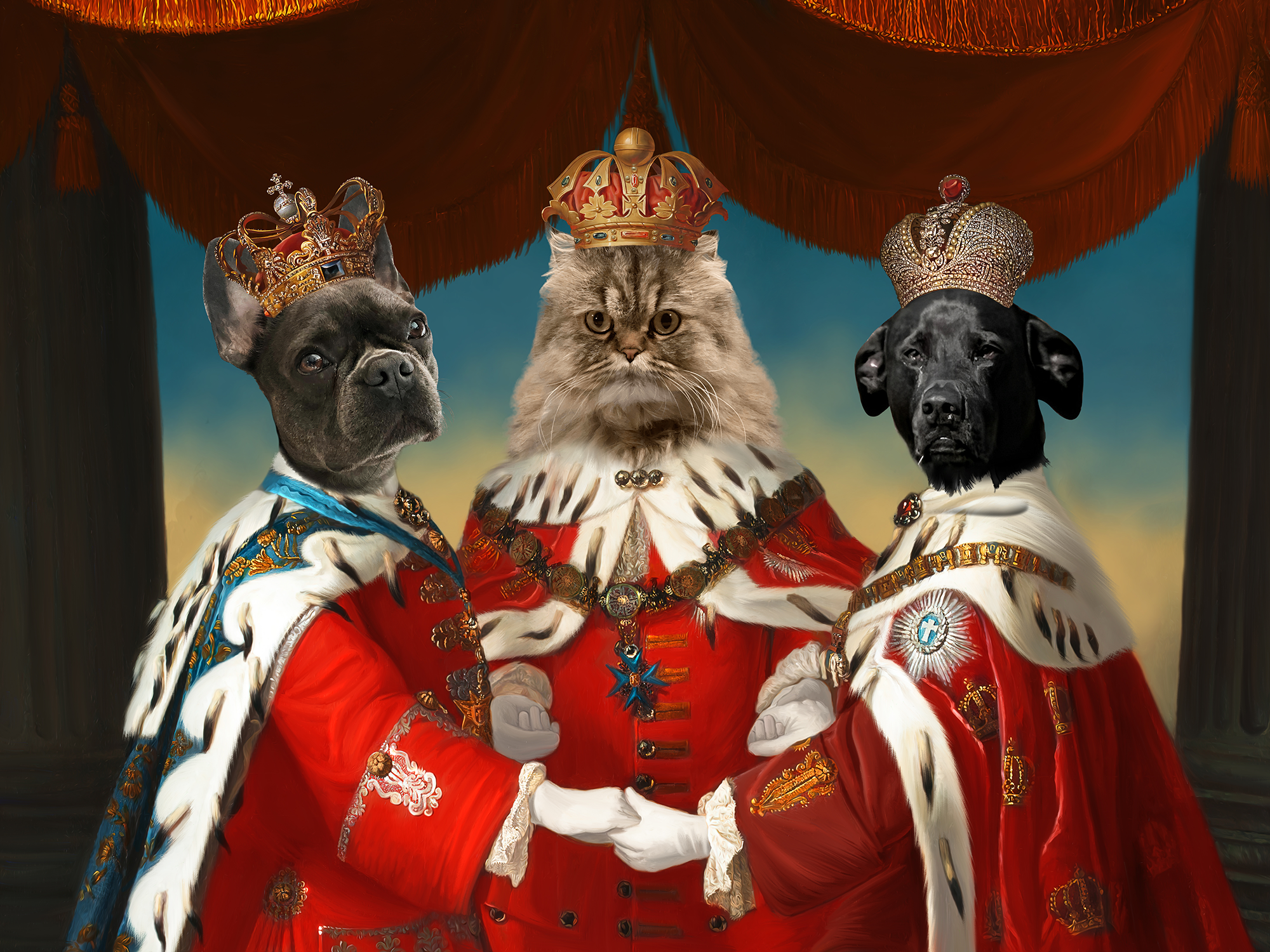 Renaissance Reverie: Custom Portrait of Royalty with Three Majestic Pets - A Regal Family Tapestry