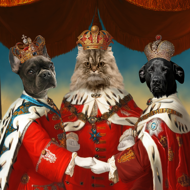 Renaissance Reverie: Custom Portrait of Royalty with Three Majestic Pets - A Regal Family Tapestry