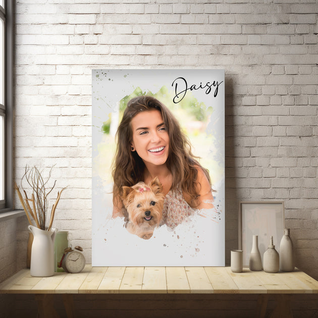 Watercolour Art : Personalised Pet + Owner Portrait - Artistry Unleashed with Your Furry Friend's Name!