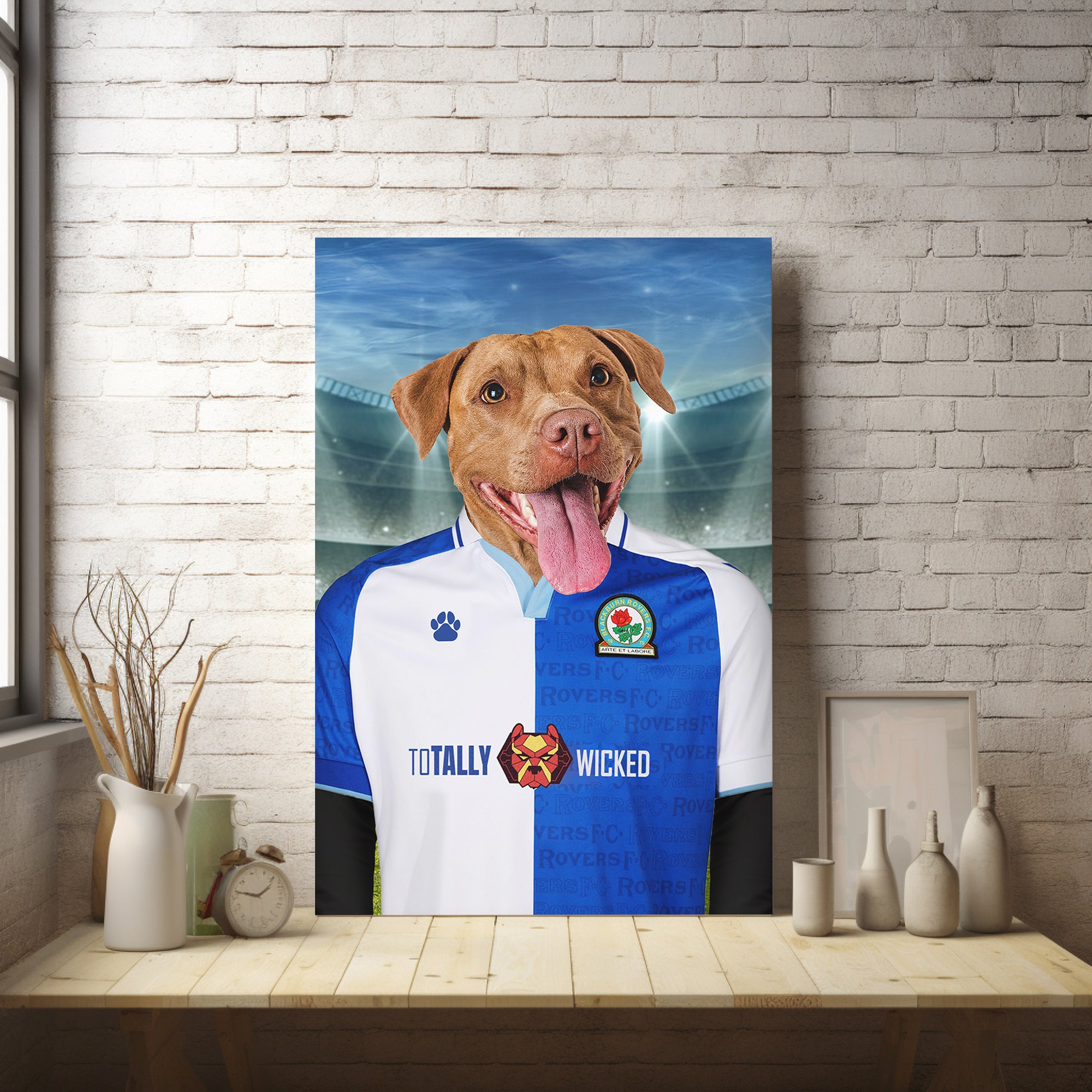 Rovers Radiance: Custom Pet Portraits in Blackburn Rovers Inspired Kit - Illuminate Your Pet's Love for the Game!