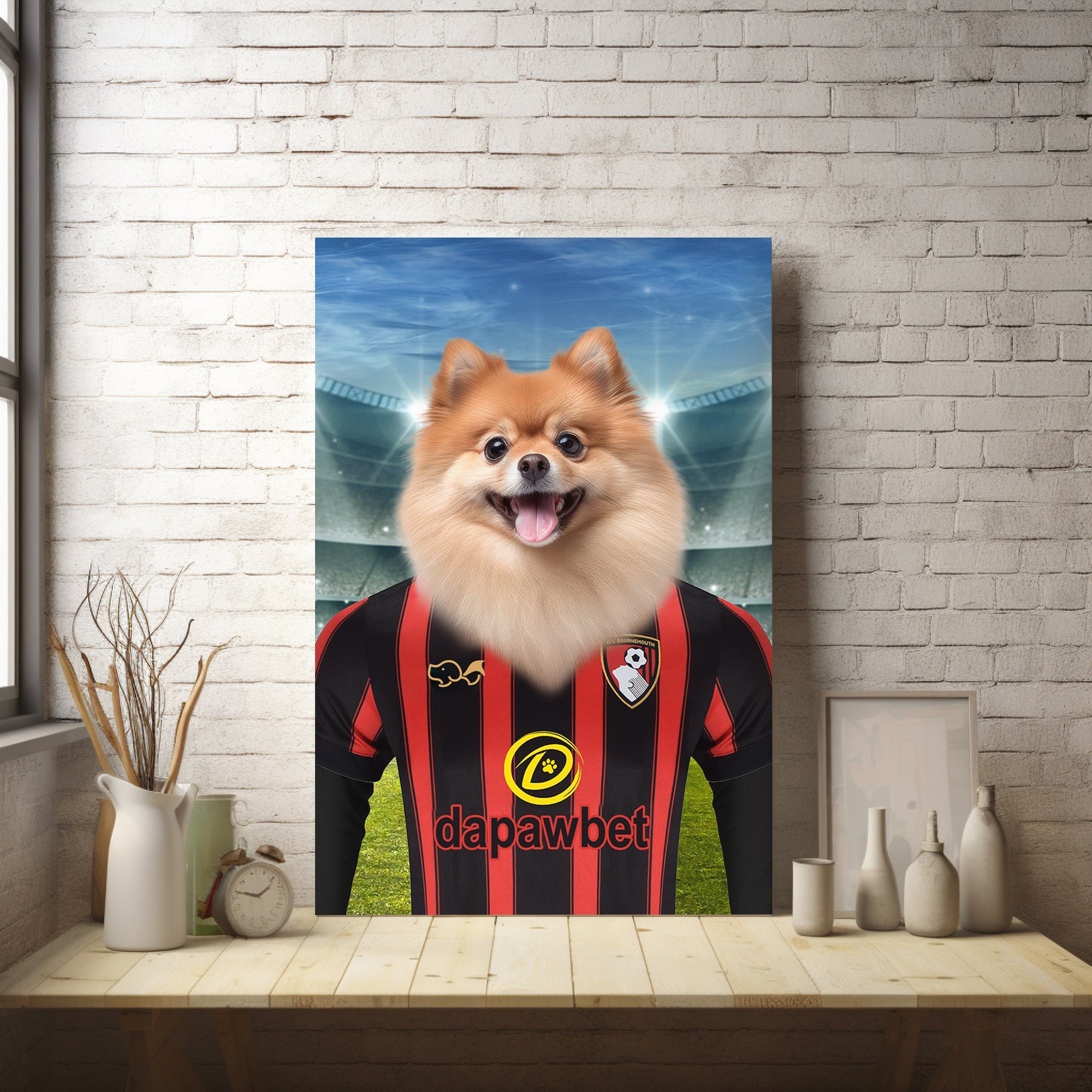 Cherries Charm: Custom Pet Portraits in AFC Bournemouth Inspired Kit - Elevate Your Pet's Style!