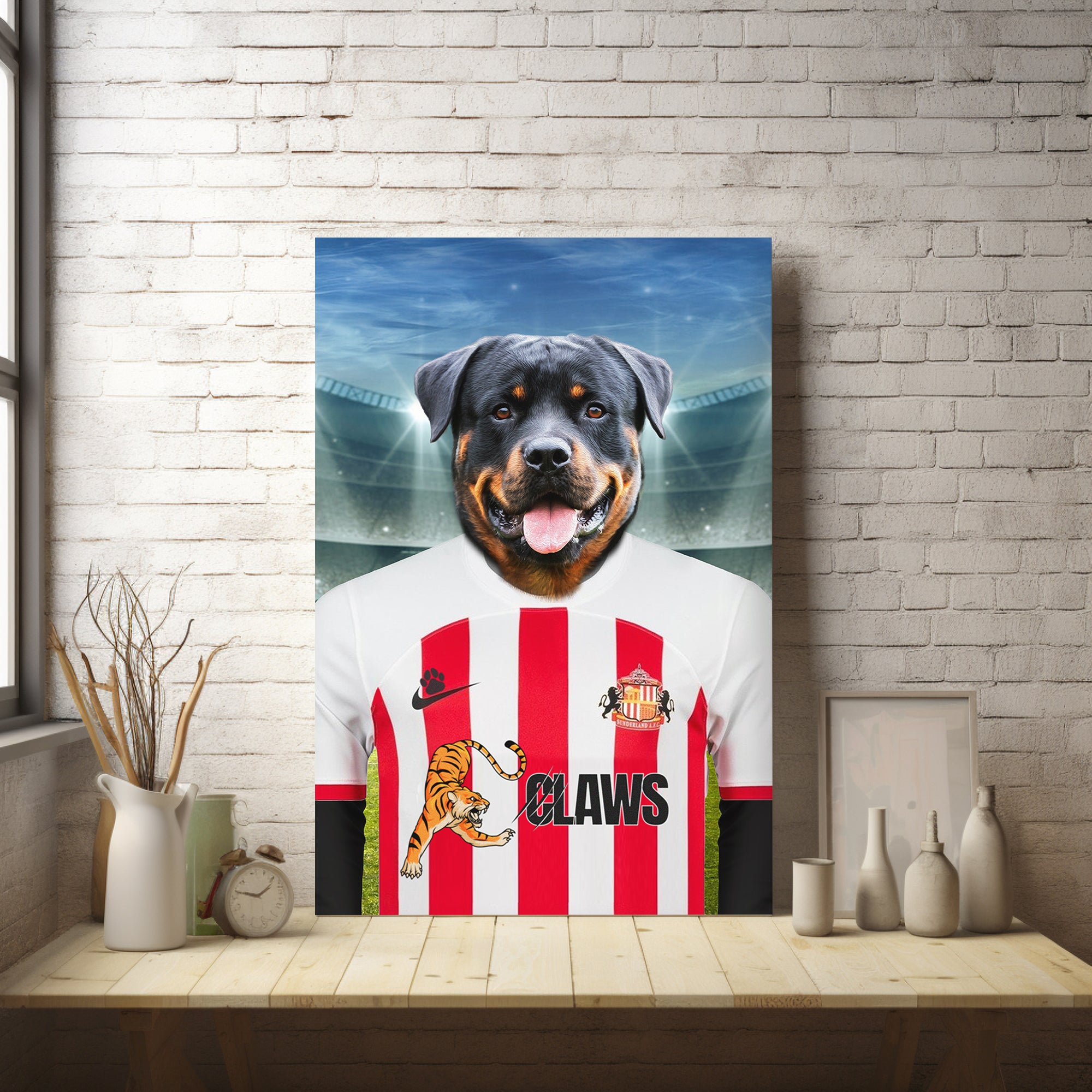 lack Cat Elegance: Custom Pet Portraits in Sunderland AFC Inspired Kit - Embrace Your Pet's Purr-fect Style!