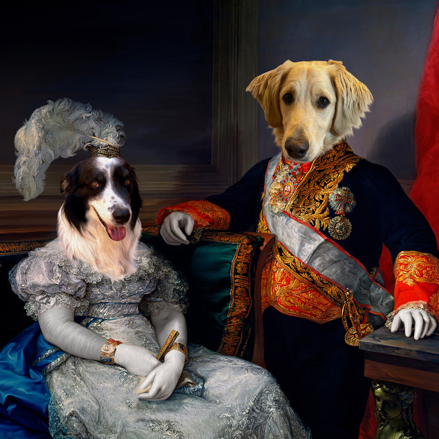 Noble Companions: Custom Renaissance Royalty Pet Portrait - A Majestic Family Portrait with Your Regal Pets!