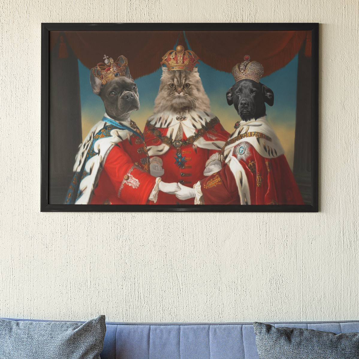 Renaissance Reverie: Custom Portrait of Royalty with Three Majestic Pets - A Regal Family Tapestry