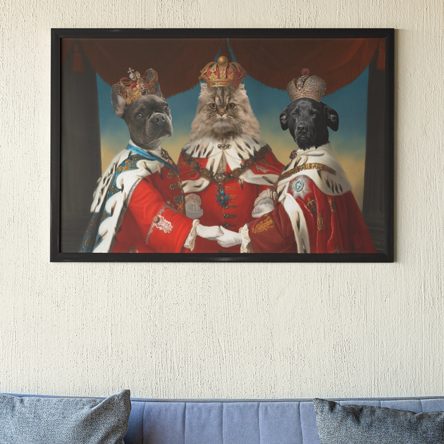 Renaissance Reverie: Custom Portrait of Royalty with Three Majestic Pets - A Regal Family Tapestry