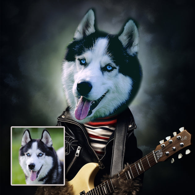 String Serenade: Custom Rock Band Guitarist Pet Portrait - Unleash the Furry Fretboard Phenom!